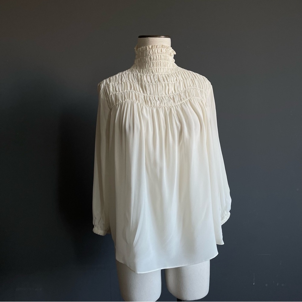 FRAME Silk Smocked High Neck Blouse NWT Off White Romantic Boho Top Parisian